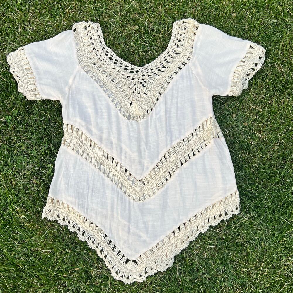 CloudChaser Tunic Top L Women Beige V Neck Boho Hippie 70s Festival Pointed